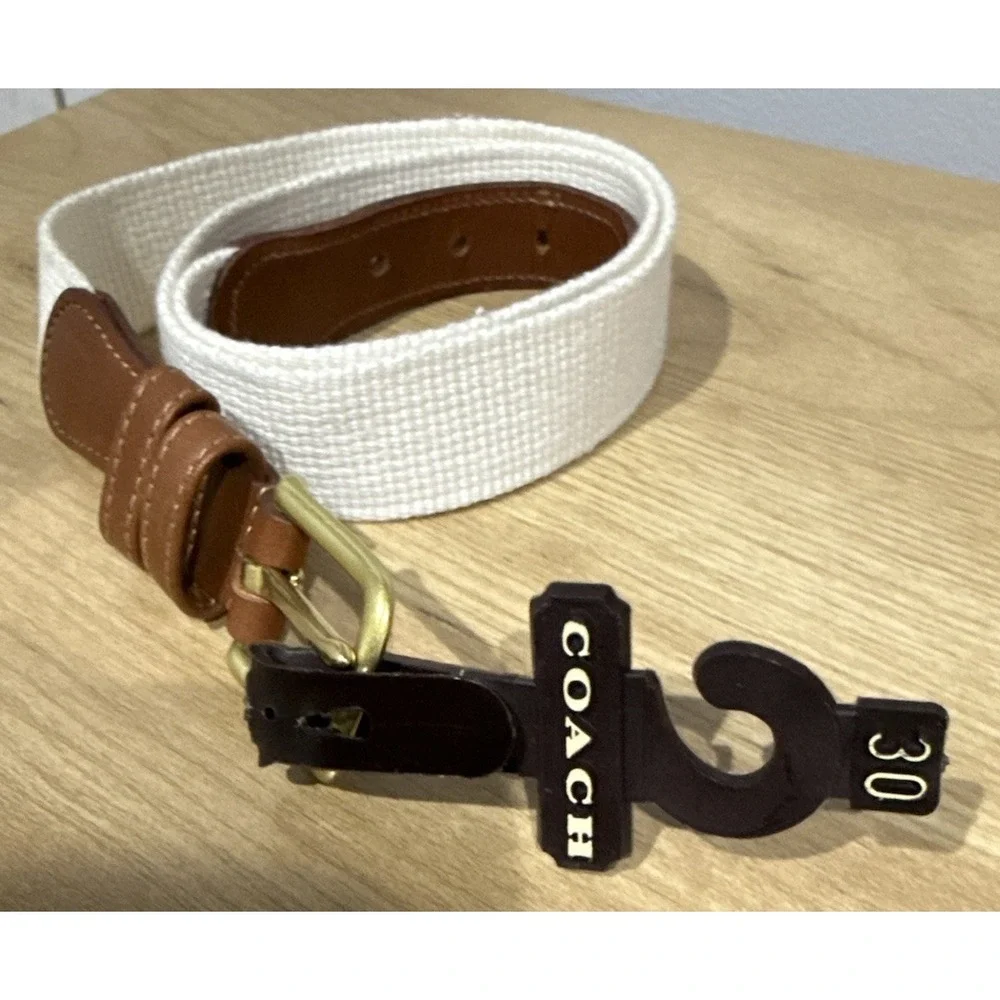 Vintage Coach Leather Canvas Belt 3815 Brass White Linen Brown Tan Size 34